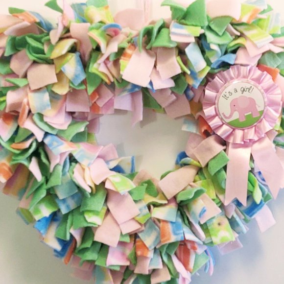 Hand Crafted Baby Girl Heart Shape Fleece Pink Green Multi Fabric Rag Wreath 16" - Picture 8 of 8